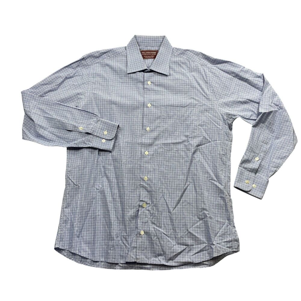 Holland & Sherry Large Blue Plaid Dress Shirt Long Sleeve‎ Button Up 100% Cotton